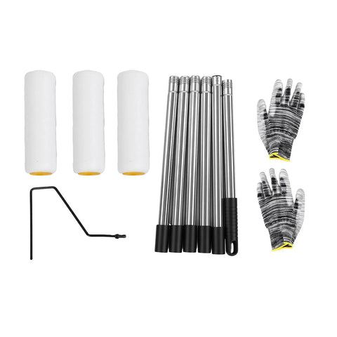Premium Paint Roller Kit With Adjustable Stainless Steel Pole includes three rollers, extendable poles, and gloves for easy wall painting.