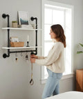 Floating Wall Shelves With Towel Bar, Industrial Pipe Shelving, Super Sturdy 30 Inch Solid Wood Over Toilet Bathroom Shelves, 2 Tier