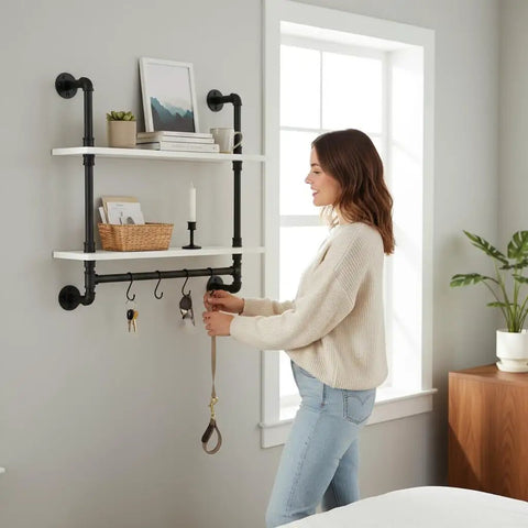 Floating Wall Shelves With Towel Bar, Industrial Pipe Shelving, Super Sturdy 30 Inch Solid Wood Over Toilet Bathroom Shelves, 2 Tier