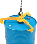 Heavy Duty Vertical Drum Clamp Lifter For Steel And Plastic Barrels 1200 Lbs Capacity Forklift Attachment hoisting a blue barrel.