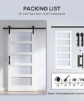 36x84 Inch Glass Sliding Barn Door Slab with 6.6 Ft Hardware Kit Installed, showing five frosted glass panes and white PVC surface.