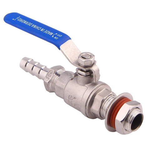 Ball valve, 1/2 in stainless steel with blue lever, barbed hose outlet and threaded bulkhead end