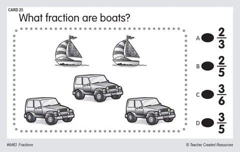 Card showing Power Pen Learning Cards Fractions Set With 106 Problems Per Box And 53 Double Sided Cards To Boost Math Practice Use With Power Pen Or Power Pen Lite featuring boats and cars for fraction question.