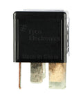 Front view of Plug-In Mini ISO Relay, General Purpose 12V DC 70A Four Pin Automotive Relay, black housing, made by Tyco Electronics.