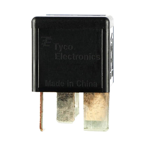 Front view of Plug-In Mini ISO Relay, General Purpose 12V DC 70A Four Pin Automotive Relay, black housing, made by Tyco Electronics.