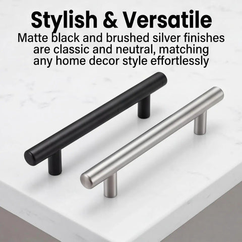 10 Piece Matte Black Stainless Steel Cabinet Handles for Kitchen Cabinets and Drawer Pulls, 5 Inch Long on white surface
