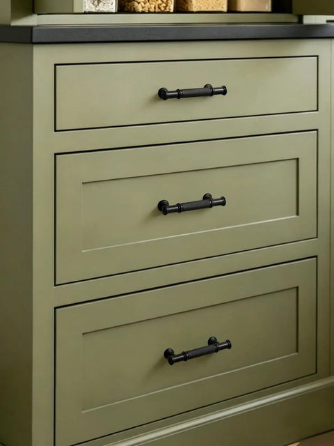 5 Pack Matte Black Cabinet Pulls With 3-Inch Center Hole, Durable Zinc Alloy Handles installed on dresser drawers