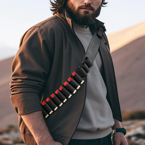 Man wearing Shotgun Shell Holder With 56 Hole Tactical Shoulder Strap For 12 Gauge Shells Adjustable Shotshell Bandolier Belt