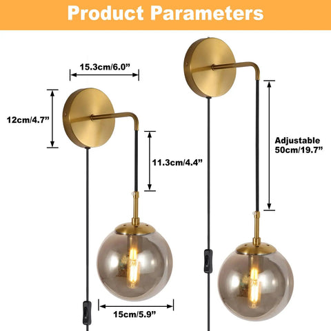 Set Of 2 Plug-In Wall Sconces With Brushed Brass Finish And Smoke Grey Glass Globes with dimensions and adjustable height.