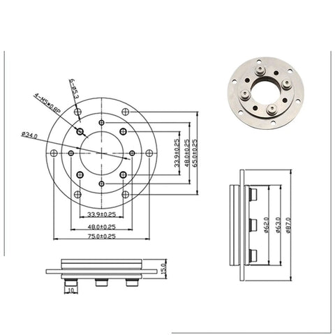 Front view of 360-degree bidirectional rotating hinge with 304 stainless damping shaft; 34 mm hole, 7.0 N.m torque, 1 pc