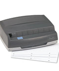 Electric Three Hole Punch, 50 Sheet Capacity, Jam Free Reverse Switch, Push Button Control, Smart Gray with stacked paper sheets.