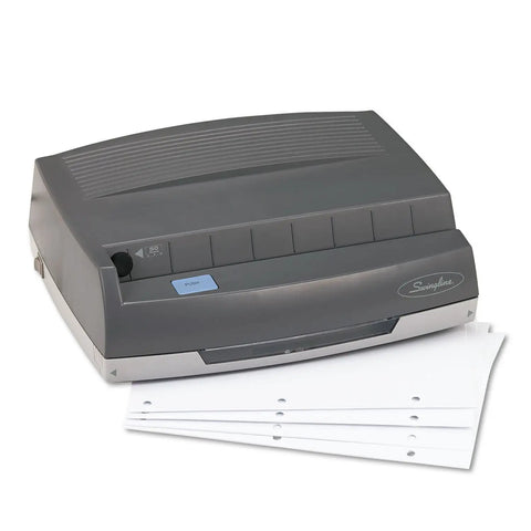 Electric Three Hole Punch, 50 Sheet Capacity, Jam Free Reverse Switch, Push Button Control, Smart Gray with stacked paper sheets.