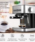 Hot Shot Fifteen Bar Espresso Machine With Lightning Fast Heating And Rich Milk Frother For Classic Cappuccino Latte And Mocha Featuring Point Four Liter Tank And Separate Temp Knobs For No Fuss Daily Brews with stainless steel finish and dual shot espresso.