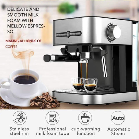 Hot Shot Fifteen Bar Espresso Machine With Lightning Fast Heating And Rich Milk Frother For Classic Cappuccino Latte And Mocha Featuring Point Four Liter Tank And Separate Temp Knobs For No Fuss Daily Brews with stainless steel finish and dual shot espresso.