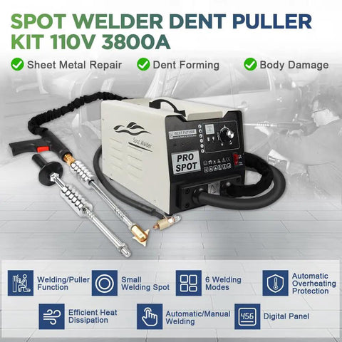 Spot Welder Dent Puller Kit for Cars and Trucks, 110V 3800A Auto Body Repair Tool With Six Models and accessories shown.