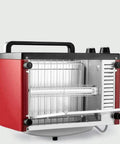 No Fuss Compact Countertop Oven For Pizza Roasting And Quick Breakfast Baking With Durable Stainless Steel Construction, red body, and opened door showing interior rack.