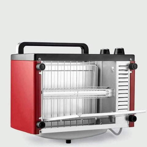 No Fuss Compact Countertop Oven For Pizza Roasting And Quick Breakfast Baking With Durable Stainless Steel Construction, red body, and opened door showing interior rack.