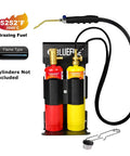 Front view of Oxypropane Welding Gas Cutting Torch Kit With Flint Lighter And Cylinder Holder Rack For Jewelers And HVAC Pros Pro Grade Brazing Soldering Map Gas Torch Set Heavy Duty Brass Fittings, showing torch, cylinders, and lighter