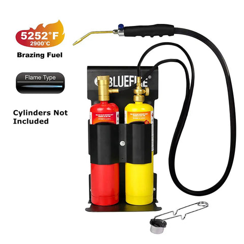Front view of Oxypropane Welding Gas Cutting Torch Kit With Flint Lighter And Cylinder Holder Rack For Jewelers And HVAC Pros Pro Grade Brazing Soldering Map Gas Torch Set Heavy Duty Brass Fittings, showing torch, cylinders, and lighter