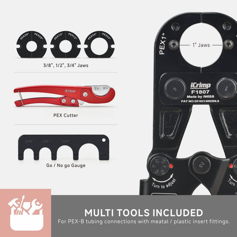 All In One PEX Pipe Crimp Tool Kit For 3/8, 1/2, 3/4, And 1 Inch Copper Rings With Free Gauge And PEX Pipe Cutter
