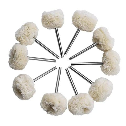Premium Cotton Buffing Wheels 10 Piece Bundle For Rotary Tools Soft Polishing Brush To Shine Wood Jade Gold And Jewelry With Glossy Finish arranged in circular pattern.