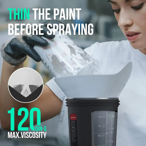 Person preparing paint for Brushless 20V Cordless HVLP Paint Sprayer For Home Interior And Exterior DIY Friendly Tool With Viscosity Instructions