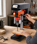 8 Inch Benchtop Drill Press With Laser Guide And Precision Vise 5 Speed Tabletop Drilling Machine 770 To 3410 RPM in use for drilling