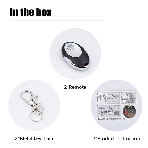 Purple Learn Button 315MHz Garage Door Remote Keychain 2 Pack Universal Replacement Compatible With LiftMaster 355LM in-box contents