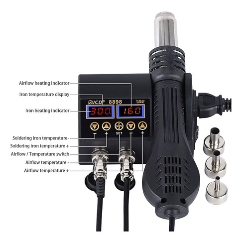 2-In-1 Soldering And Hot Air Rework Station With Dual LCD Displays, 80W Iron And 800W Hot Air, tool labeled with indicators