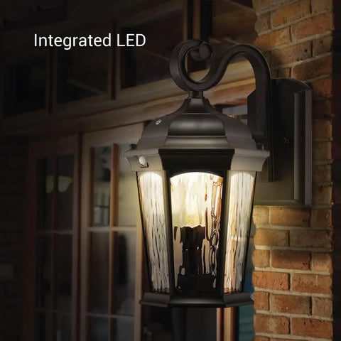 Flickering Flame Porch Light With Water Glass And Integrated Security Light, Dusk To Dawn Motion Sensor, 3000K Warm Glow, Lit Oil Rubbed Bronze Housing, Weatherproof Exterior Lamp For Home Walkways And Entry