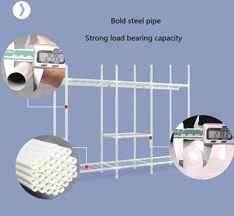 Bold steel pipes of Heavy Duty Portable Hanging Closet Organizer Built Tough With Reinforced Steel Frame for strong support.