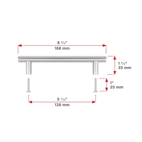 Roosevelt Collection Brushed Nickel Cabinet Handle Five And One Sixteenth Inch Center To Center Bar Pull with dimensions.