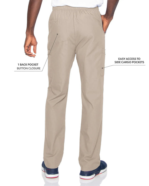 Back view of Relaxed Fit 7 Pocket Elastic Cargo Scrub Pants For Men With Stretch Waistband And Drawstring Durable Go To Workwear