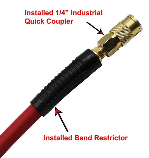 Close-up of No BS Heavy Duty Rubber Air Hose 1/4 Inch By 25 Feet 300 Psi with quick coupler and bend restrictor.