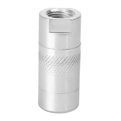 Heavy Duty Four Jaw Grease Coupler With Ball Check For Hand Operated Grease Guns Up To Three Thousand PSI One Eighth Inch NPT Threads Secure Connection And Hardened Steel Jaws For Reliable High Pressure Performance, silver steel coupler