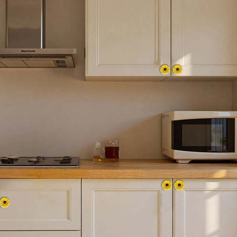 Gonna Look Sharp With These Vintage Daisy Cabinet Knobs And Drawer Pulls Hand Painted Resin Handles For Country Kitchen Refresh Sturdy Yellow Hardware Pack Of 6 Top Notch Cabinet Makeover on kitchen cabinets with yellow daisy knobs.