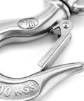 Close-up of Top Shelf 304 Stainless Steel Swivel Eye Lifting Hook showing safety latch and load rating for heavy duty rigging.