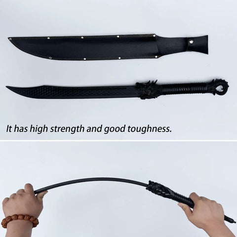 Unbreakable Polypropylene Martial Arts Sword With One Piece Blade Black Practice Katana For Role Play And Stage Drama Leather Sheath Dragon Hilt Design Safe Training Tool For Sparring And Warrior Prep shown with sheath and flexing blade