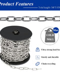 Heavy Duty 50ft 2mm Stainless Steel Chain With Spool For Hanging Bird Feeders Dog Leashes Signs And DIY Projects 304 Stainless Rust Resistant Built Tough Easy To Cut And Use on black spool showing chain recycling and load-bearing capacity
