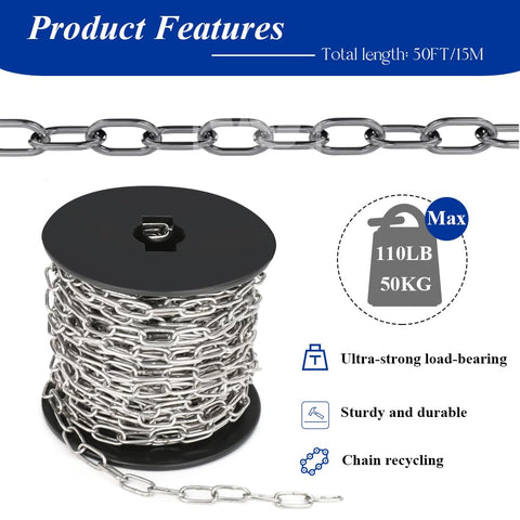 Heavy Duty 50ft 2mm Stainless Steel Chain With Spool For Hanging Bird Feeders Dog Leashes Signs And DIY Projects 304 Stainless Rust Resistant Built Tough Easy To Cut And Use on black spool showing chain recycling and load-bearing capacity