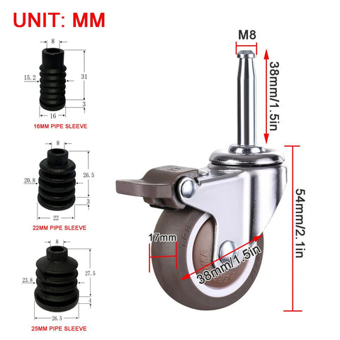 Silent Roll 1.5 Inch Swivel Caster Wheels Built Tough For Shopping Carts And Toolboxes Ultra Quiet Nylon Rubber Casters with M8 stem dimensions
