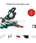 Rock Solid Sliding Miter Saw With Smooth Push Pull Glide And Laser Track On Built Tough Aluminum Base For Dead Center Cuts Up To 340Mm Wide With Handy Carry Handle, 8-inch tie rod miter saw with accessories.