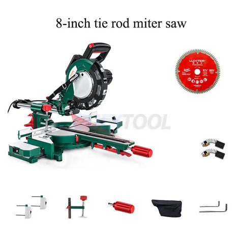 Rock Solid Sliding Miter Saw With Smooth Push Pull Glide And Laser Track On Built Tough Aluminum Base For Dead Center Cuts Up To 340Mm Wide With Handy Carry Handle, 8-inch tie rod miter saw with accessories.
