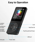 Pocket Size 32GB Bluetooth MP3 Player With Dope HiFi Sound, 1.8 Inch Color Display, labeled buttons and ports visible