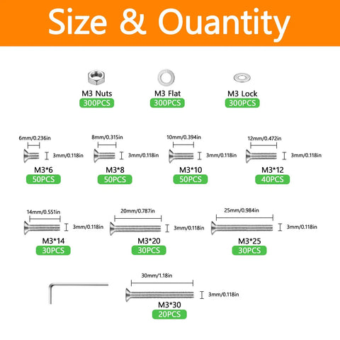 1200 Pcs M3 Stainless Steel Countersunk Head Hex Socket Screws Bolts Nuts And Washers Assortment Kit size and quantity chart