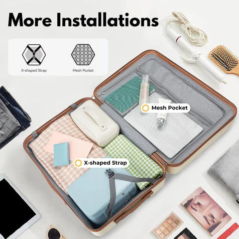 Open suitcase with organized interior, showing mesh pockets and X-shaped straps from Road Trip Ready 5 Piece Luggage Set With Spinner Wheels And TSA Lock YKK Zippers PC Plus ABS Hard Shell Travel Luggage Black Includes 28 Inch Large Suitcase 24 Inch Checked 20 Inch Carry On 22x14x9 Airline Approved Plus Travel Bag And Toiletry Bag NEISIA.