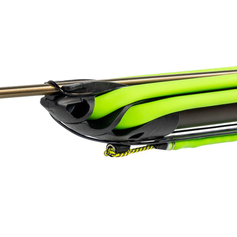 Reaper 90cm Railgun Speargun For Spearfishing And Freediving High Performance Aluminum Barrel close-up with stainless shaft and nitro bands
