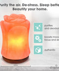 Hand Carved Himalayan Salt Lamp With Rose Crystal Rock Salt From The Himalayan Mountains Authentic Crystal Lamp Dimmer Cord With Pink Flower Accent For Cozy Vibe And Relaxing Ambience, glowing with pink hue and flower design