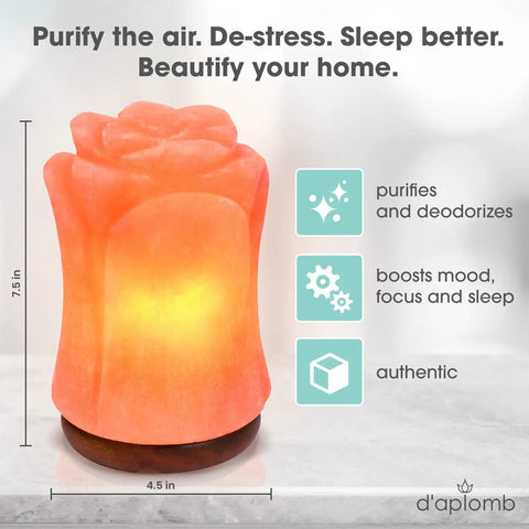 Hand Carved Himalayan Salt Lamp With Rose Crystal Rock Salt From The Himalayan Mountains Authentic Crystal Lamp Dimmer Cord With Pink Flower Accent For Cozy Vibe And Relaxing Ambience, glowing with pink hue and flower design