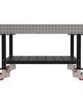 Heavy Duty Mobile Welding Fixture Table with laser cut steel surface and locking caster wheels, 60X60X36 inch, built-in shelf.